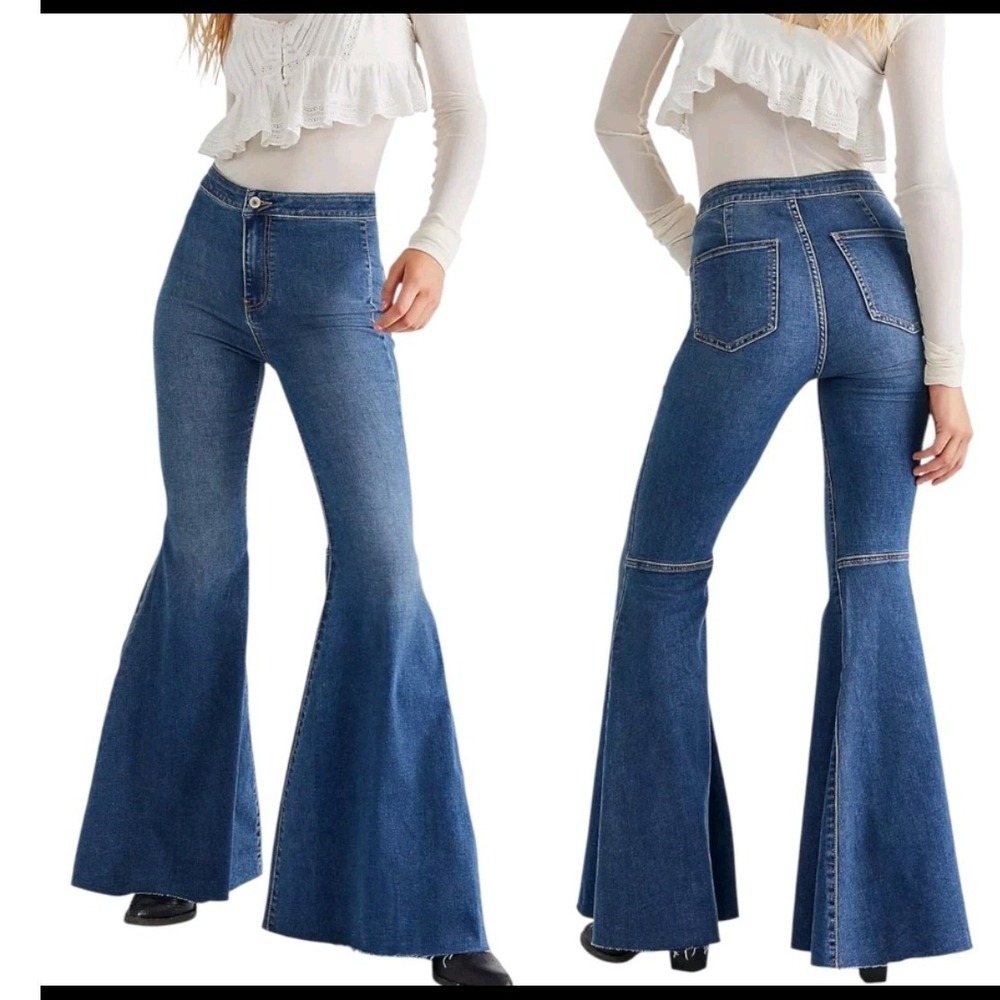 Free People Just Float On Flare Jeans Blue Medium Wash Denim Bell Bottoms 28